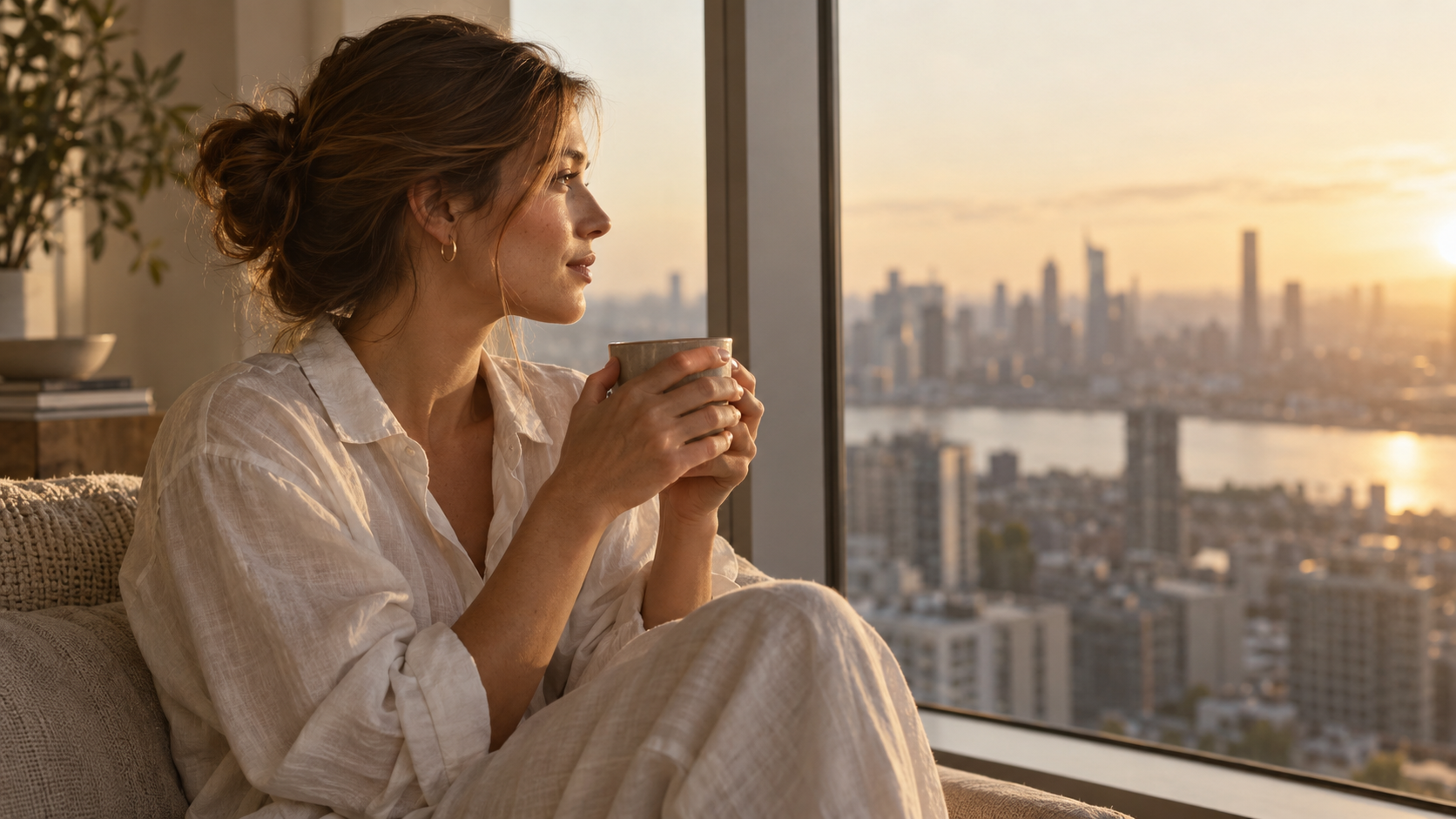Woman enjoying a quiet wellness moment by a city window